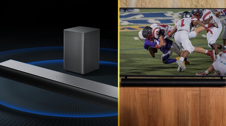 Two soundbars shown side-by-side, separated by a vertical divider: one with a subwoofer, the other mounted below a TV displaying a football game.