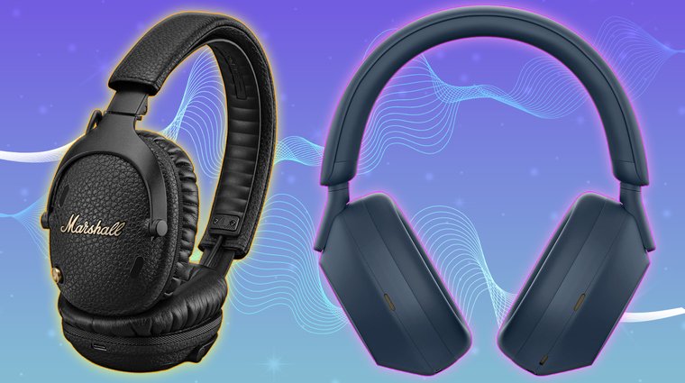 Sony WH-1000XM5 and Marshall Monitor III ANC over-ear wireless headphones displayed side by side on a purple background with stylized sound waves.