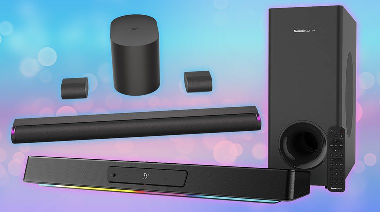 Sound Blaster Katana V2 RGB soundbar and Vizio 5.1.2 Elevate soundbar system with subwoofer and a remote.