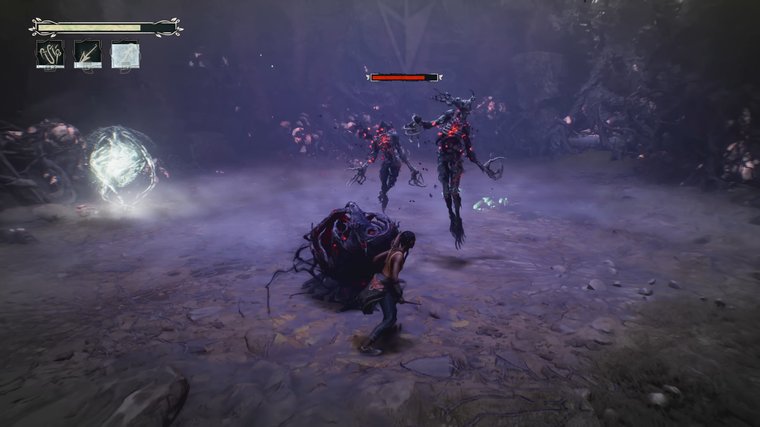 South of Midnight going towards two tree-like enemies.