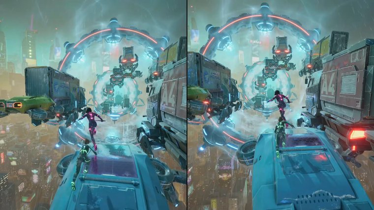 Split Fiction co-op high up in the air on a flying car.