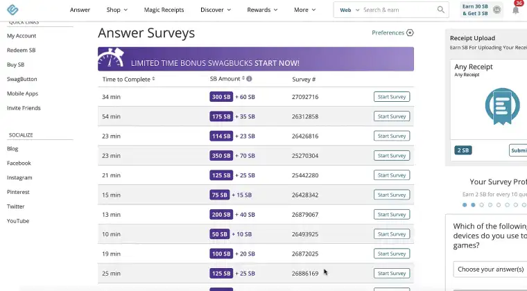Swagbucks website displaying a paid survey offer to earn points and cash rewards