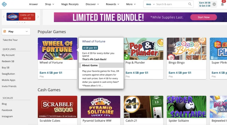 Swagbucks website showing an offer to play online games and earn rewards