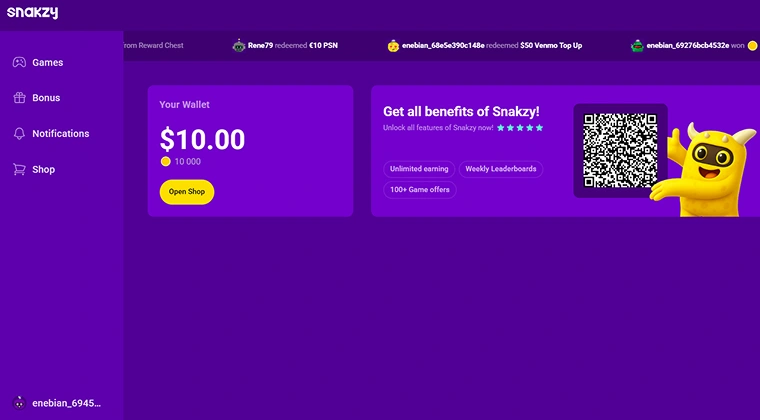 Snakzy account page