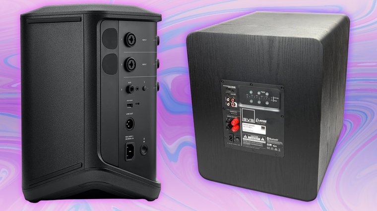 Back panels of subwoofers showing various input and output ports labeled.