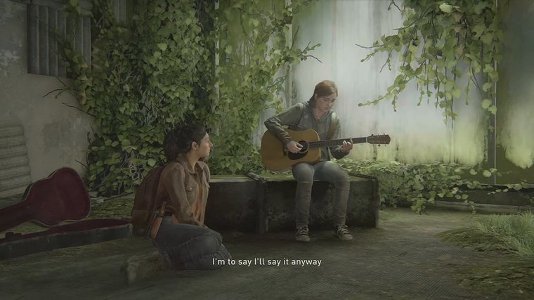 The Last of Us Part 2 Dina looking at Ellie playing a guitar.