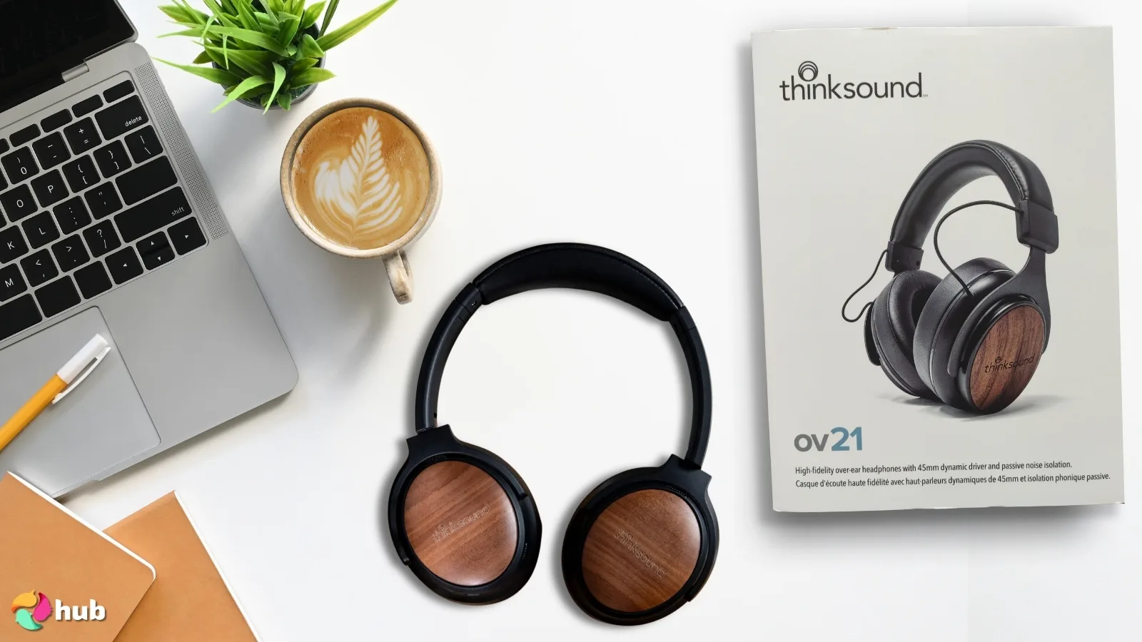 thinksound ov21 Headphones on a white office desk positioned for photography