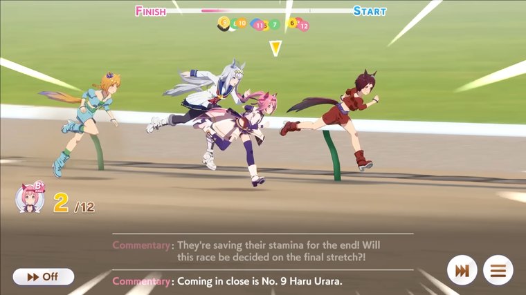 Umamusume: Pretty Derby four characters running fast on a race track.