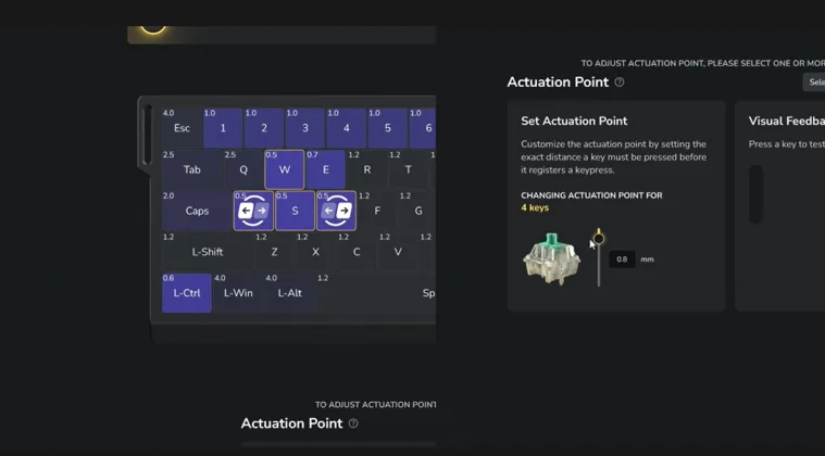 Keyboard settings screen showing the adjustable actuation point