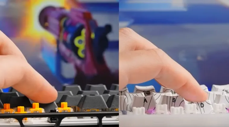 Side-by-side comparison showing fingers pressing keys on two different keyboards