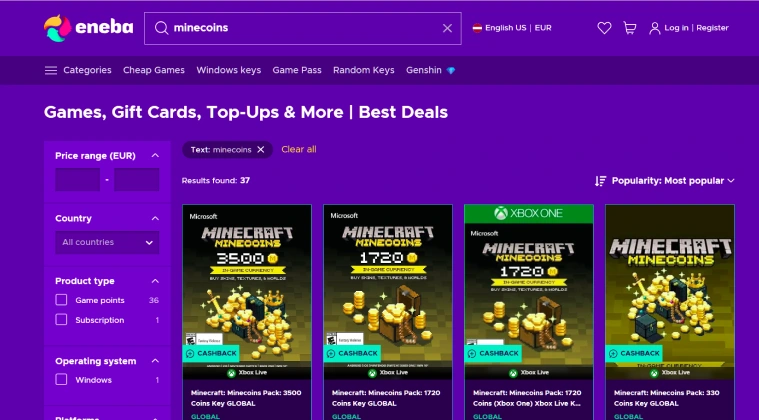 Eneba website displaying Minecoins bundles in various denominations