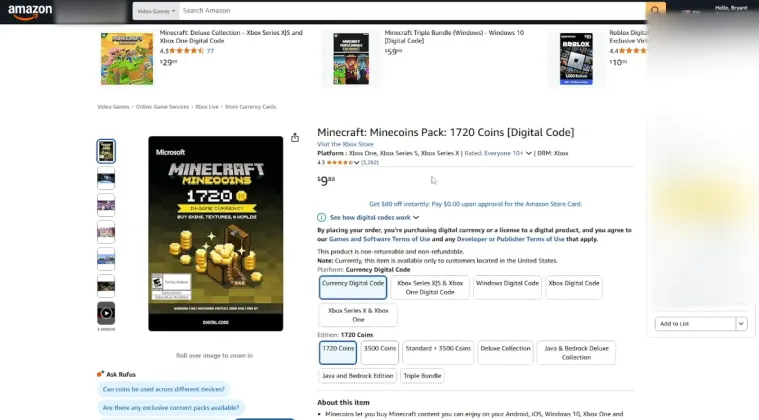 Amazon website showing a gift card for 1,720 Minecoins