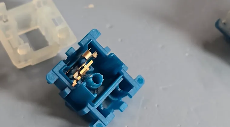 Close-up of a blue mechanical keyboard switch