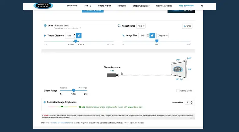 Projector interface displaying throw-distance settings