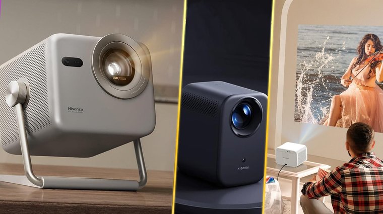 Xiaomi Smart L1, Hisense M2 Pro, and Yaber L2S budget projectors separated by yellow vertical bars.