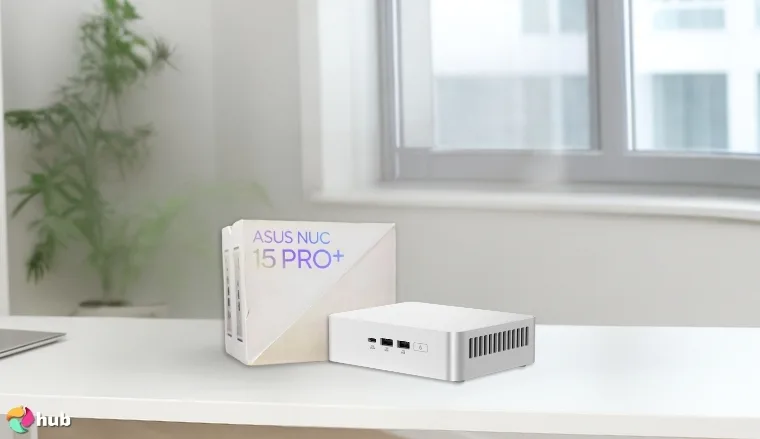 ASUS NUC 15 Pro+ Mini PC on a white office desk ready for a product review