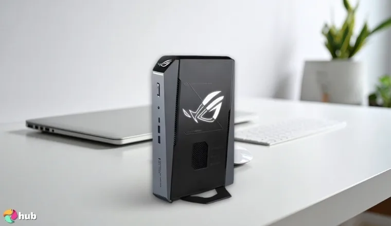 ASUS ROG NUC Mini PC on a white office desk in a clean setup for a review