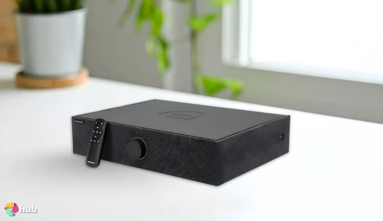 Andover Audio SpinBase MAX 2 Speaker on a white office desk styled neatly for a review