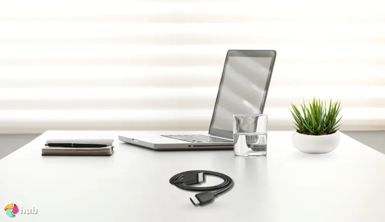 Anker HDMI Cable 6 ft 8K on a white office desk styled neatly for a review