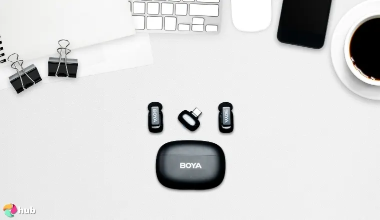 BOYA mini 2 Lavalier Microphone on a white office desk with creative arrangement for a review