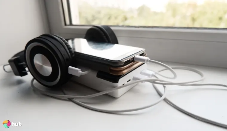 Cell phone and headphones charging via a power bank