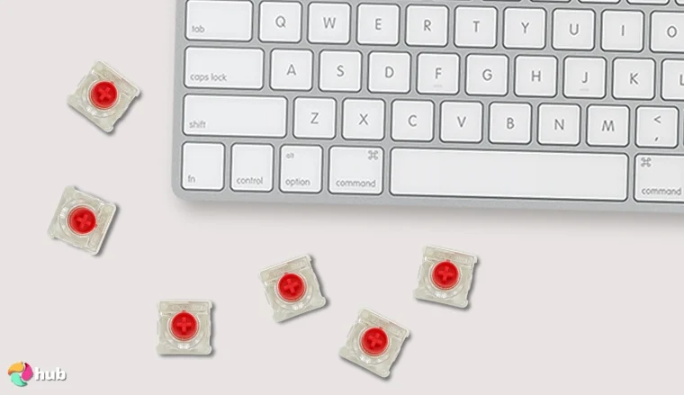 Cherry MX Low Profile RGB Low-Profile Switches on a white office desk positioned for photography