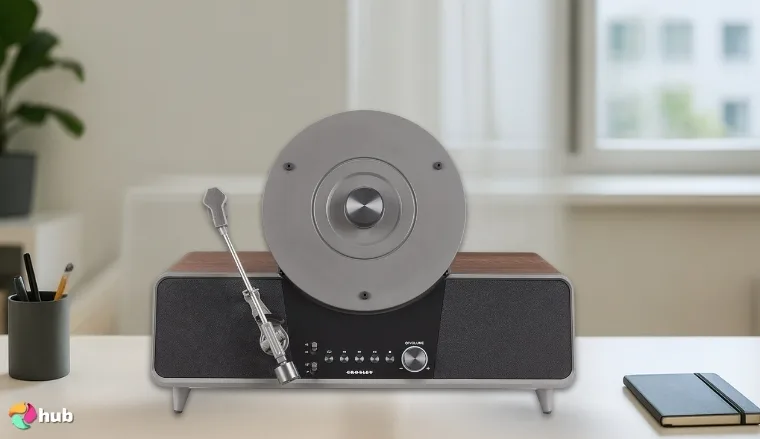 Crosley CR6049A-WA Vertical Record Player on a white office desk positioned for photography