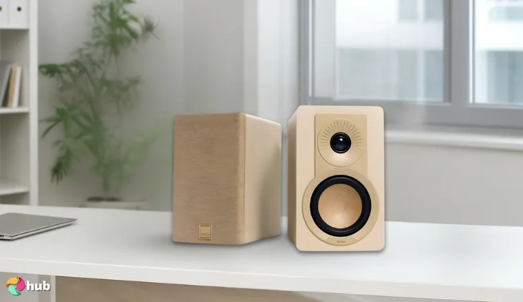DALI KUPID Speakers on a white office desk positioned for photography