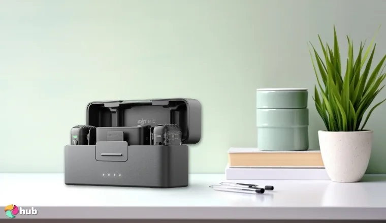 DJI Mic 2 Wireless Microphone on a white office desk with neat arrangement for a review