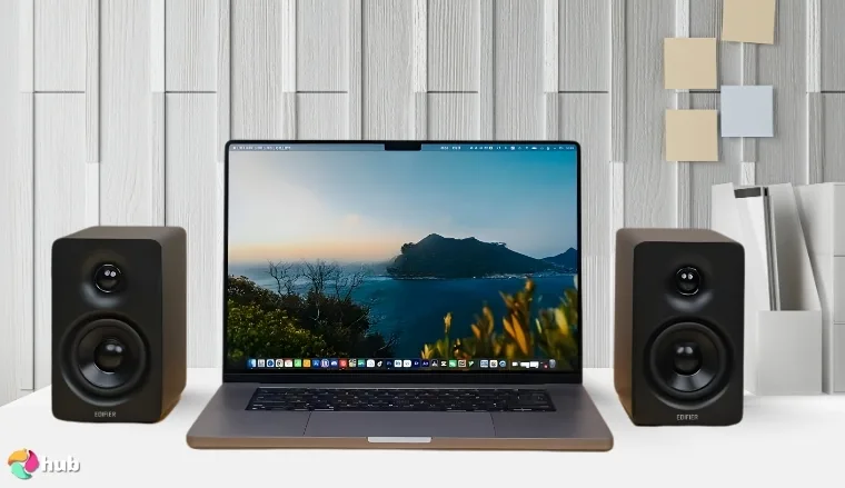 Edifier M60 Speakers on a white office desk with neat arrangement for a review