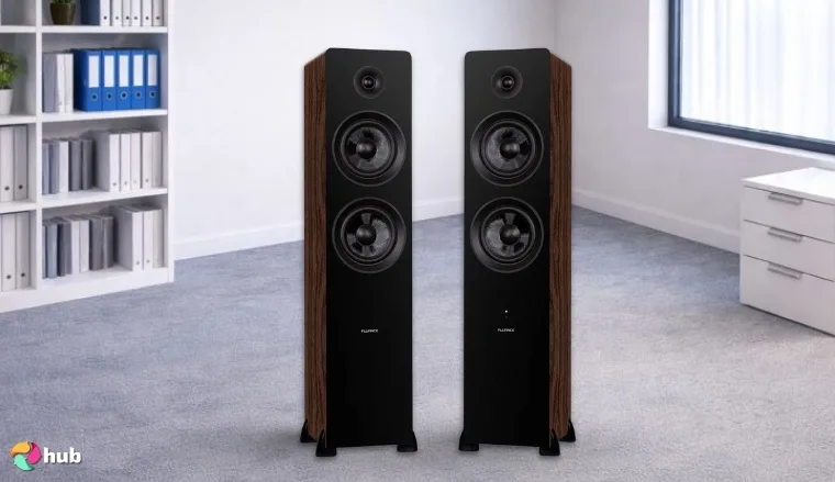 Fluance Ai81 Elite Speakers in the office in a top-down view for a review