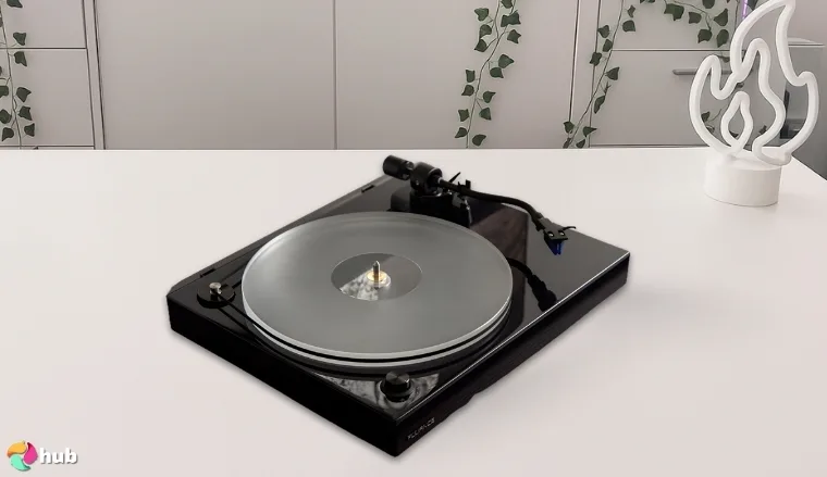 Fluance RT85 Turntable on a white office desk with simple styling for a review
