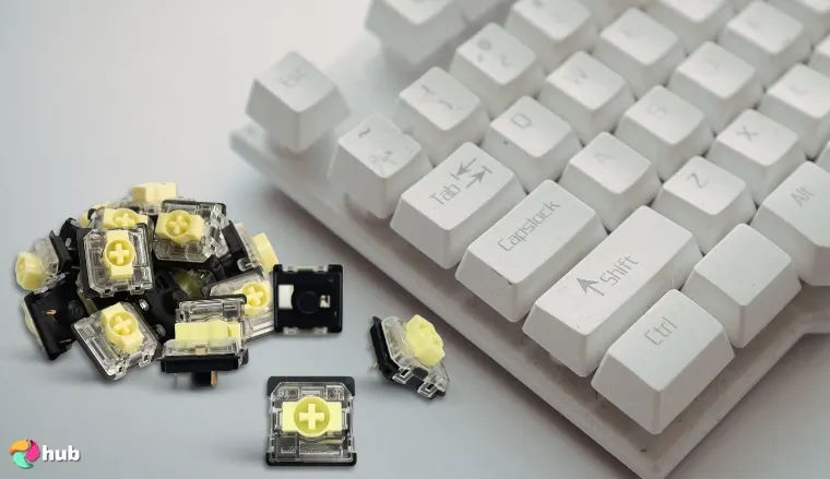 Gateron KS-33 Low-Profile Switches on a white office desk prepared for product photography