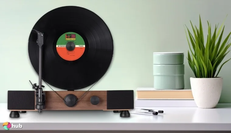 Gramovox Floating Record Vertical Turntable Player on a white office desk with soft lighting for a review