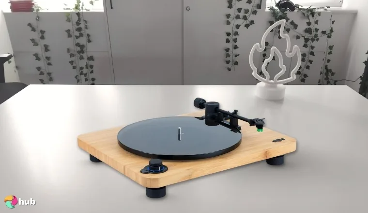 House of Marley Stir It Up Turntable on a white office desk with minimal decor for a review