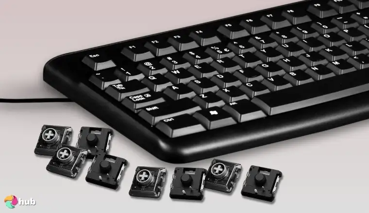 Kailh Shadow Hunting Low-Profile Switches on a white office desk in a minimalist setup for a review
