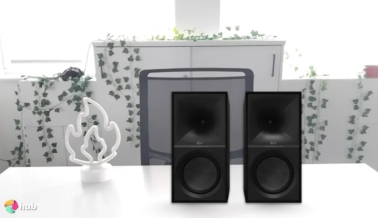 Klipsch The Nines Heritage Speakers on a white office desk in a clean setup for a review