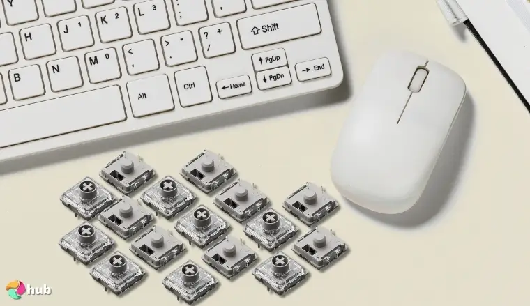 Lofree Hades Low-Profile POM Switches on a white office desk styled neatly for a review