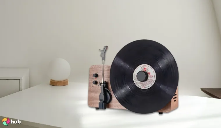 MUSITREND T208 Vertical Record Player on a white office desk in a well-lit setting for a review