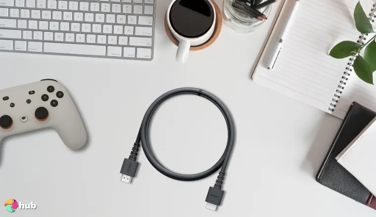 Nintendo Original Switch HDMI Cable on a white office desk with creative arrangement for a review