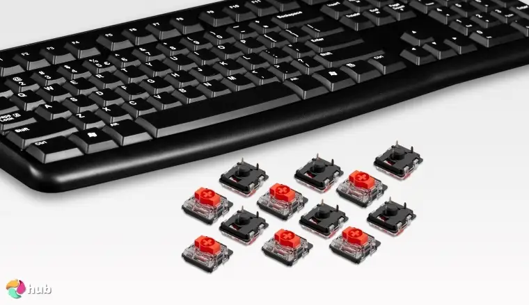 Outemu, mittleres bis niedriges Profil, rot Switches on a white office desk with simple styling for a review