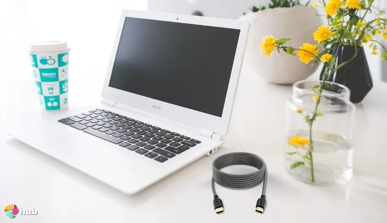 PowerBear 10 ft 4K HDMI Cable on a white office desk with decorative items for a review