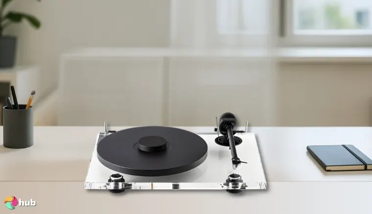 Pro-Ject XA B Audiophile Turntable on a white office desk styled neatly for a review