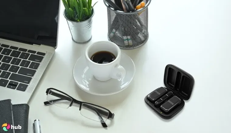 RØDE Wireless Micro Wireless Microphone on a white office desk with creative arrangement for a review