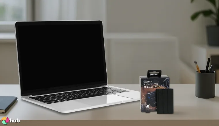 SAMSUNG T7 Shield External SSD on a white office desk with simple styling for a review
