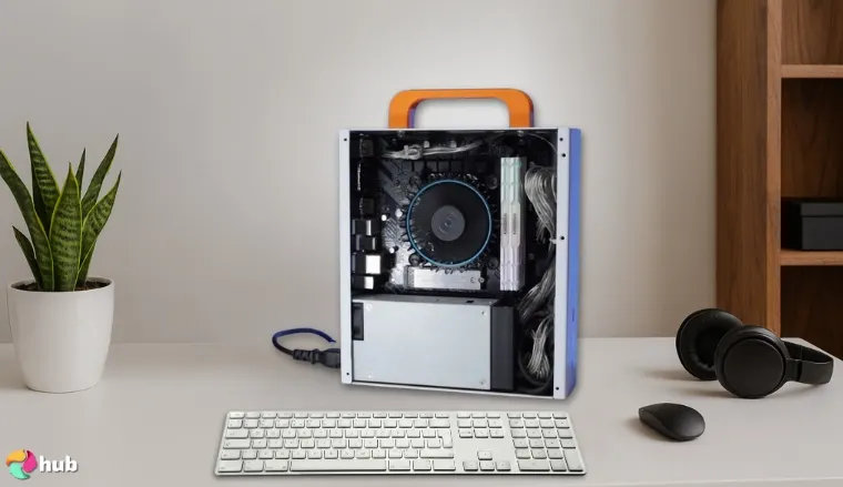 SGPC K29 Ultra-Mini ITX Case on a white office desk with an editorial style for a review