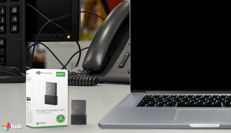 Seagate Storage Expansion Card Hard Drive on a white office desk prepared for testing shots