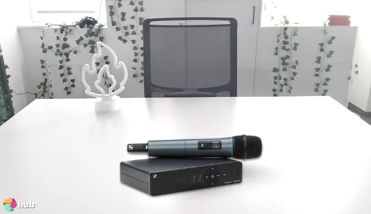 Sennheiser Pro Audio XSW 1-825-A Wireless Microphone on a white office desk with simple styling for a review
