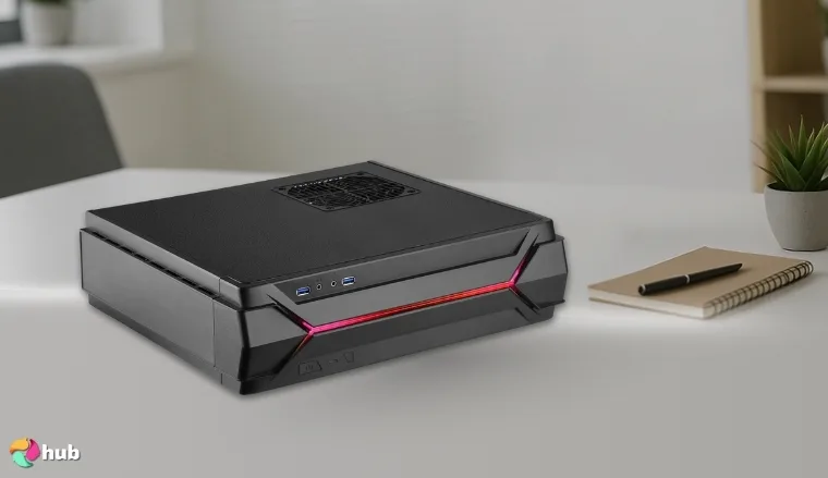 SilverStone RVZ03B Mini ITX Case on a white office desk with natural shadows for a review