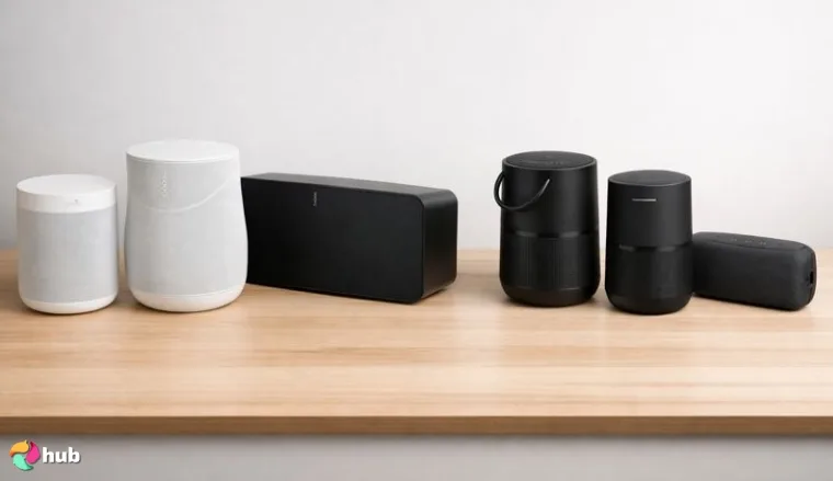 Various models of Sonos and Bose Speakers on the desk